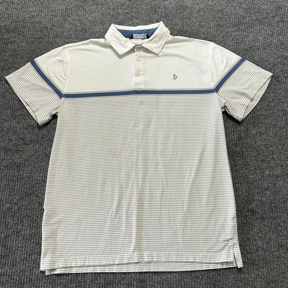 Tackle & Tides Mens Polo Shirt Size L White Gray Striped Stretch Short Sleeve